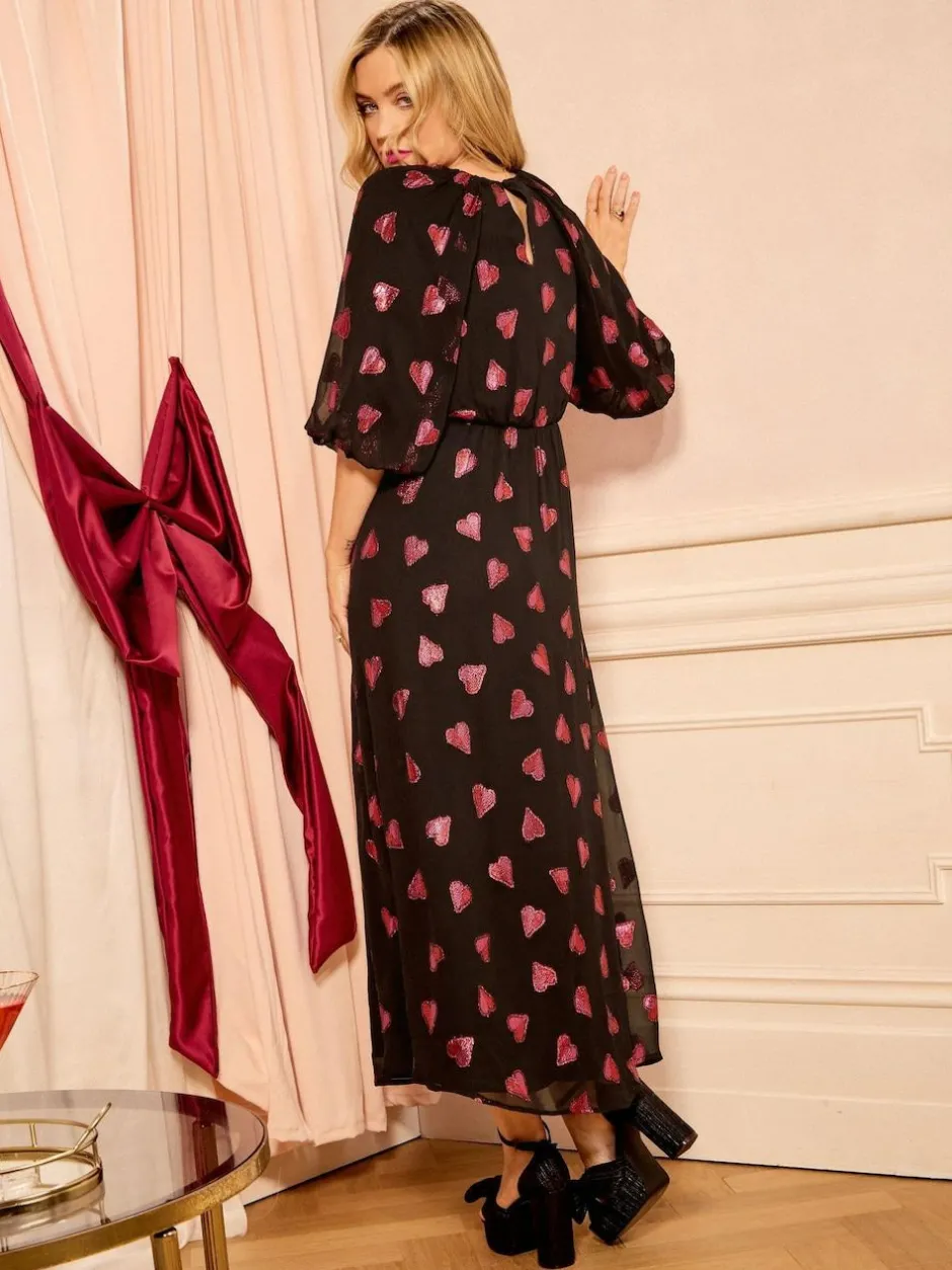 Love & Roses Black Heart Metallic V-Neck Puff Sleeve Midi Dress Clearance
