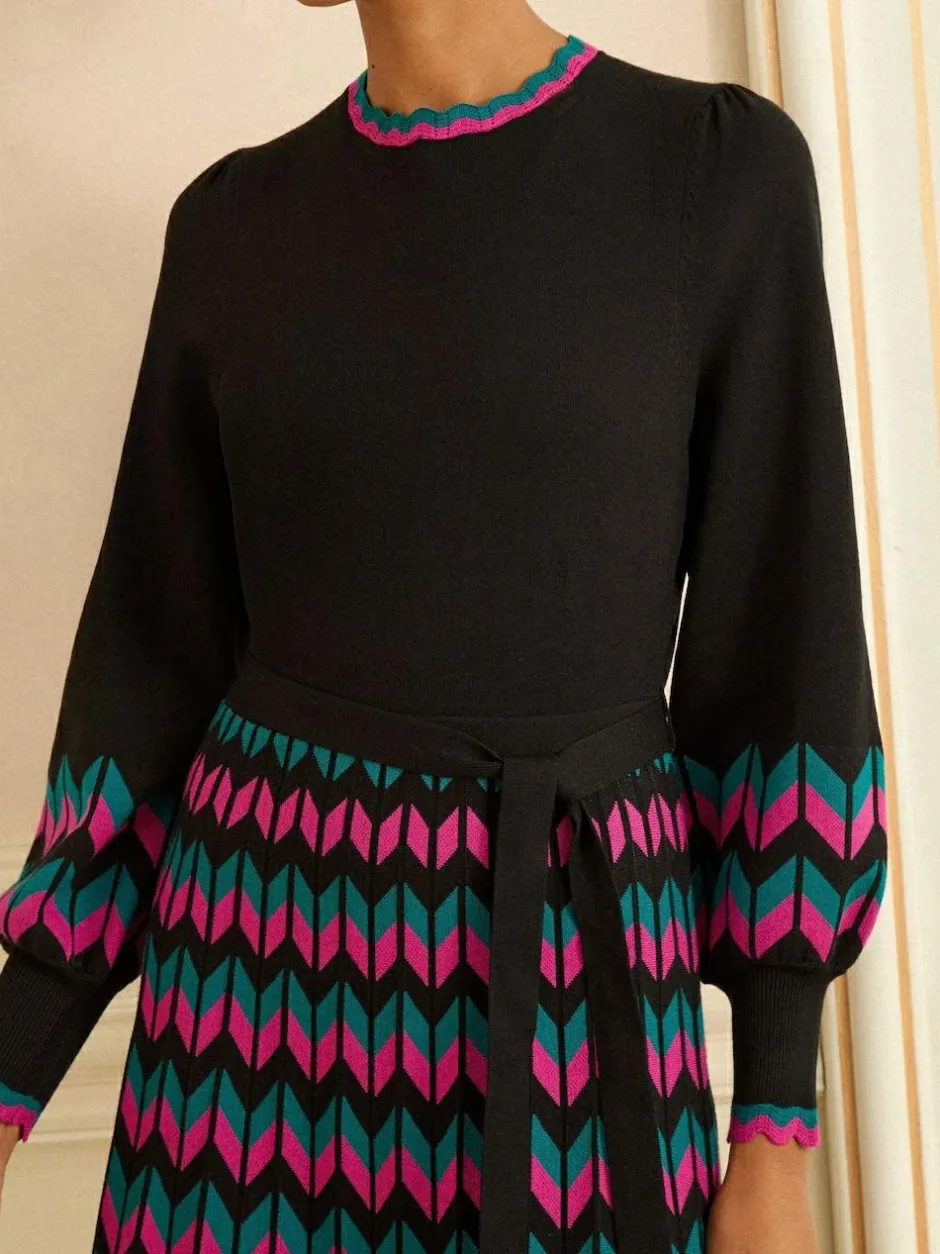Love & Roses Black Multi Chevron Scallop Knitted Midi Dress Outlet
