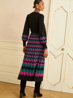 Love & Roses Black Multi Chevron Scallop Knitted Midi Dress Outlet