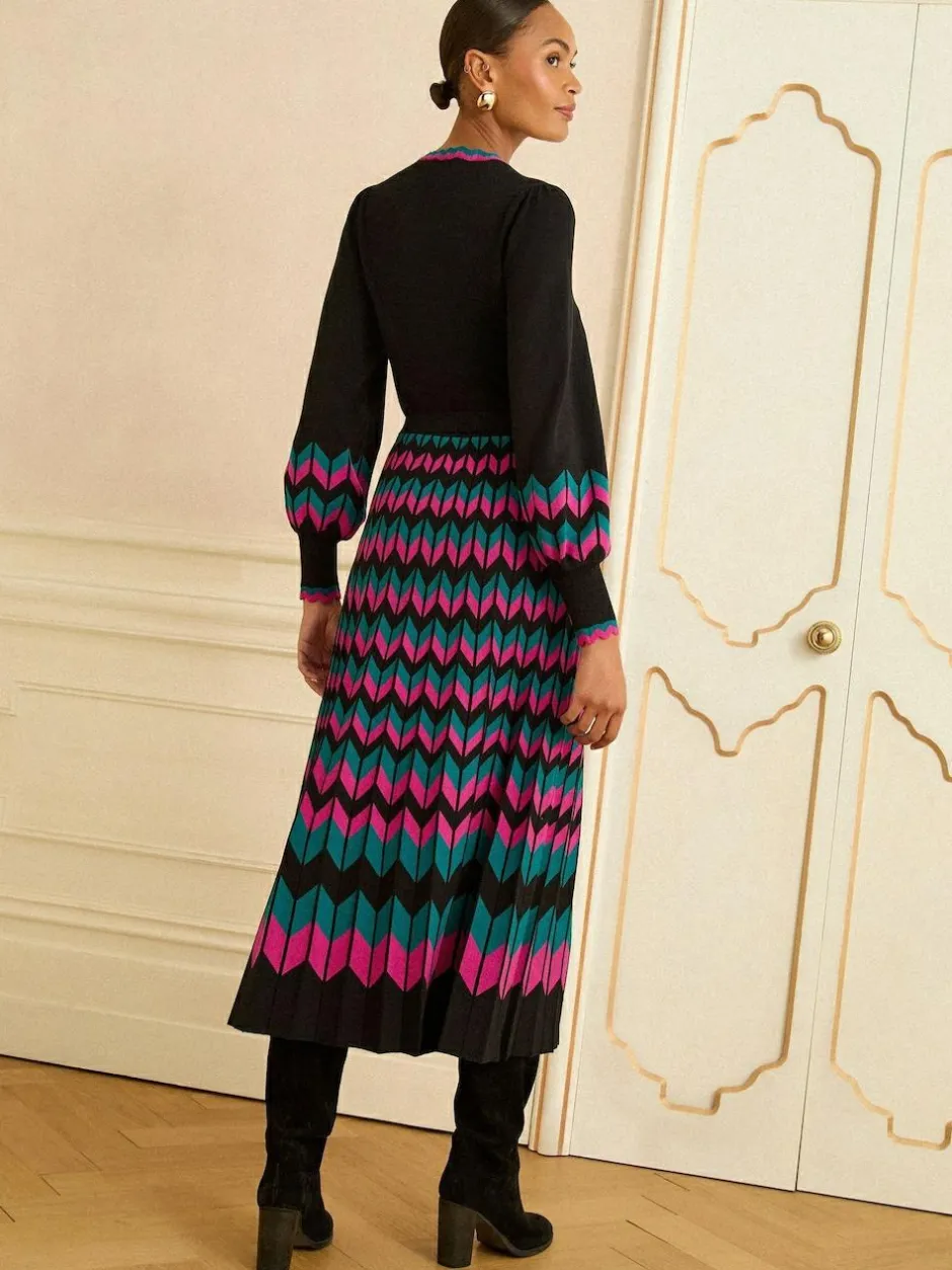Love & Roses Black Multi Chevron Scallop Knitted Midi Dress Outlet