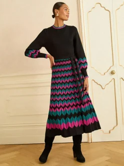 Love & Roses Black Multi Chevron Scallop Knitted Midi Dress Outlet