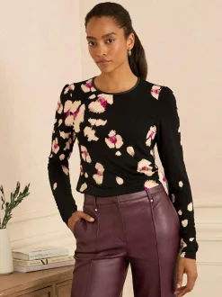 Love & Roses Long Sleeve Jersey Top Black Placement Animal Outlet