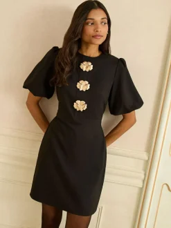Love & Roses Black Puff Sleeve Gold Button Mini Dress Discount