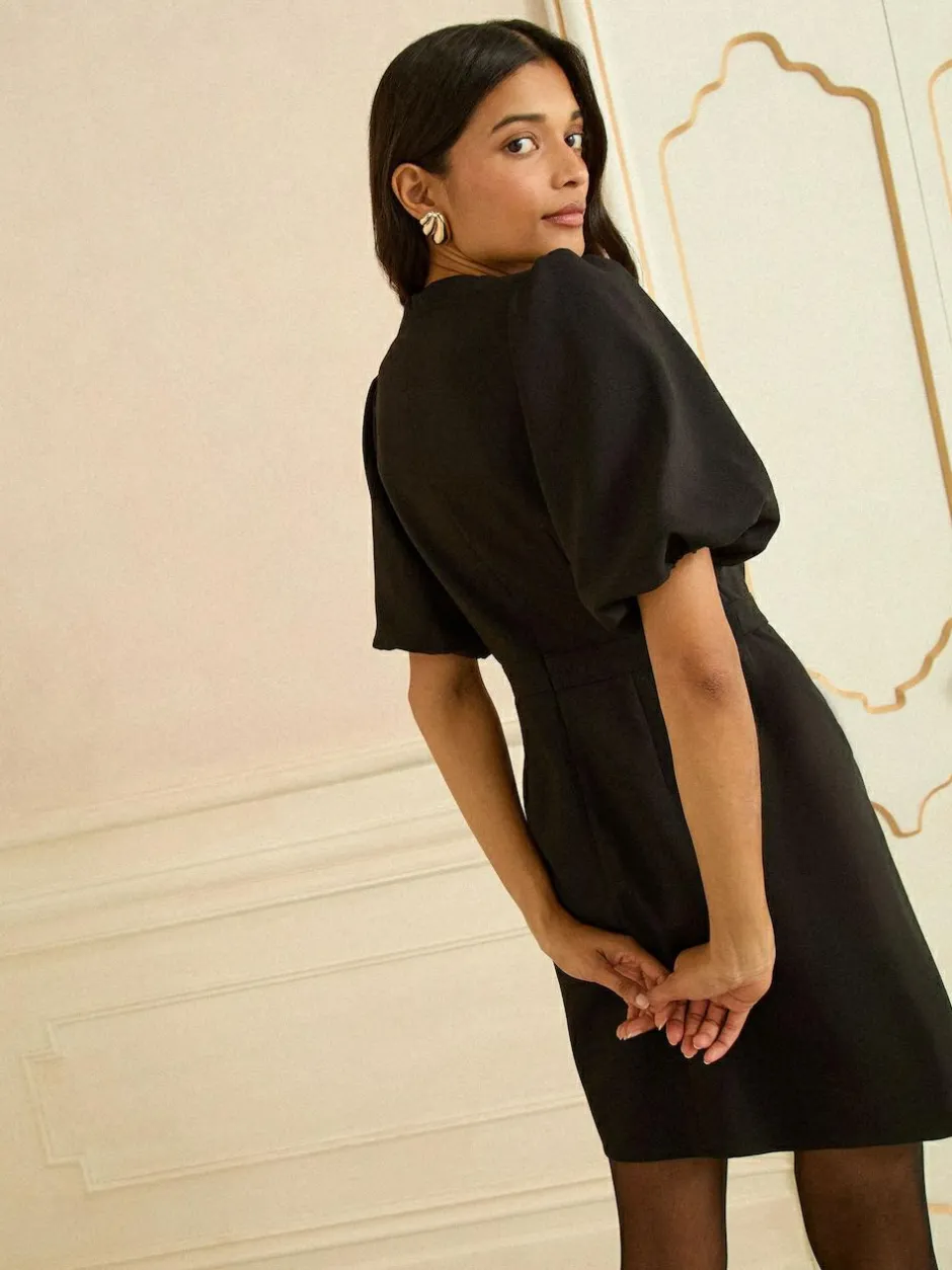 Love & Roses Black Puff Sleeve Gold Button Mini Dress Discount