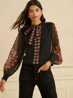 Love & Roses Black Red Heart Long Sleeve Pussybow Blouse Sale
