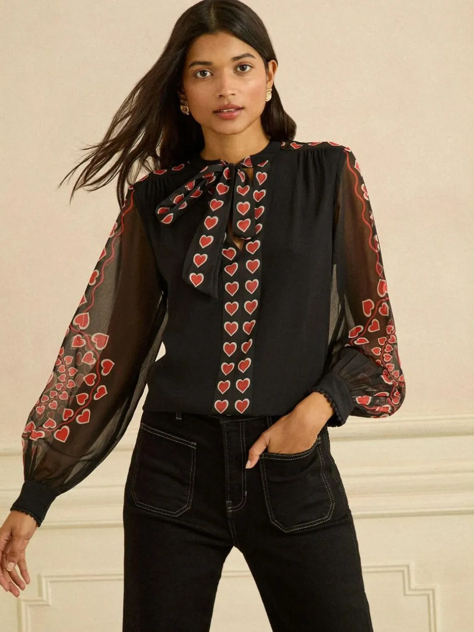 Love & Roses Black Red Heart Long Sleeve Pussybow Blouse Sale