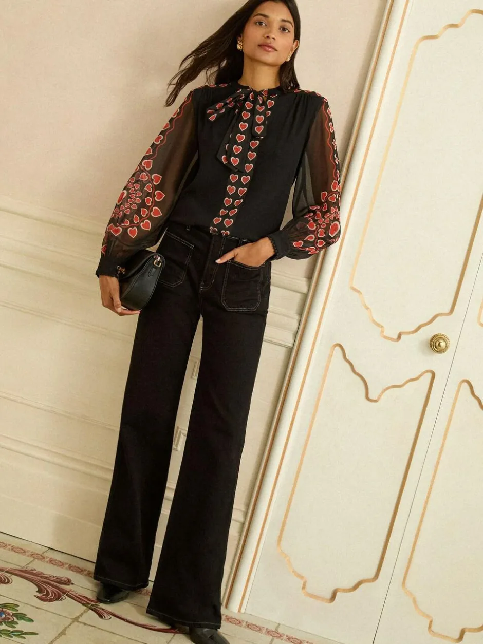 Love & Roses Black Red Heart Long Sleeve Pussybow Blouse Sale