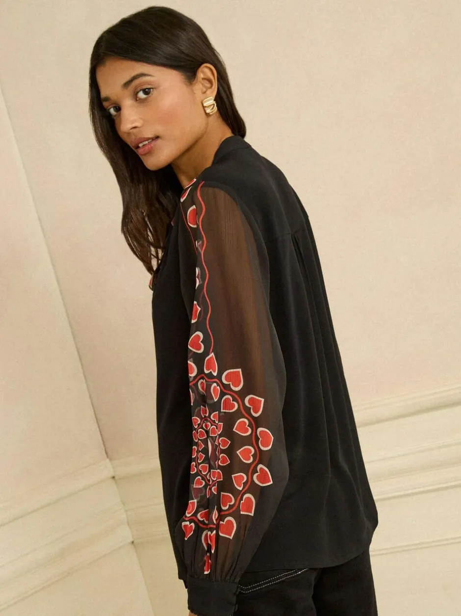 Love & Roses Black Red Heart Long Sleeve Pussybow Blouse Sale