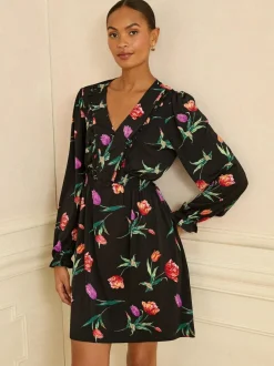 Love & Roses V-Neck Mini Dress Black Tulip Print