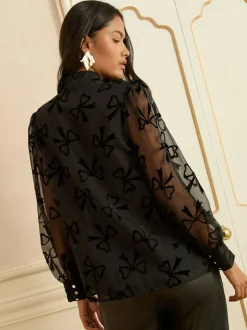 Love & Roses Black Velvet Bow Long Sleeve Pussybow Blouse Outlet
