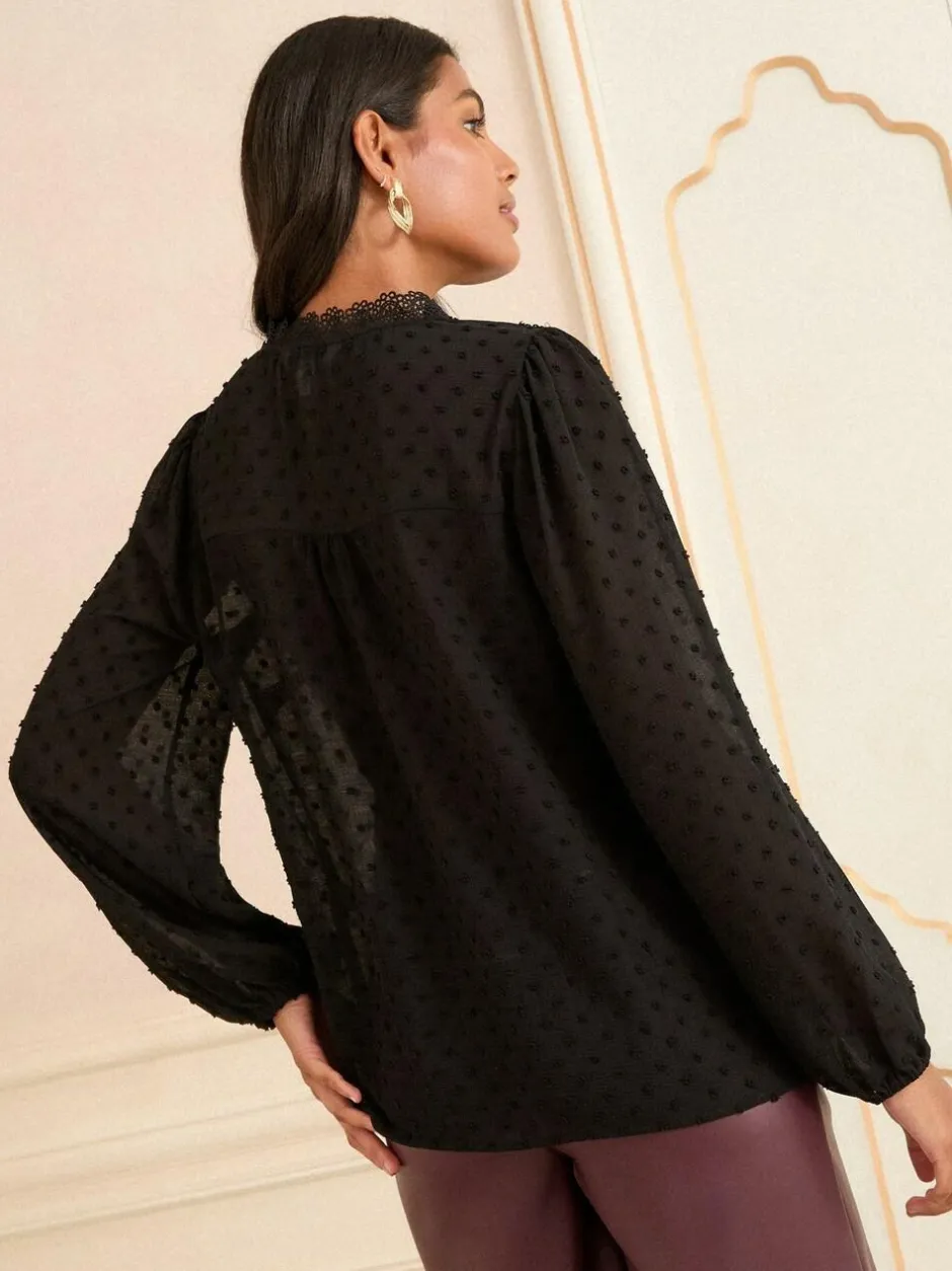 Love & Roses V-Neck Lace Long Sleeve Dobby Blouse Black Sale