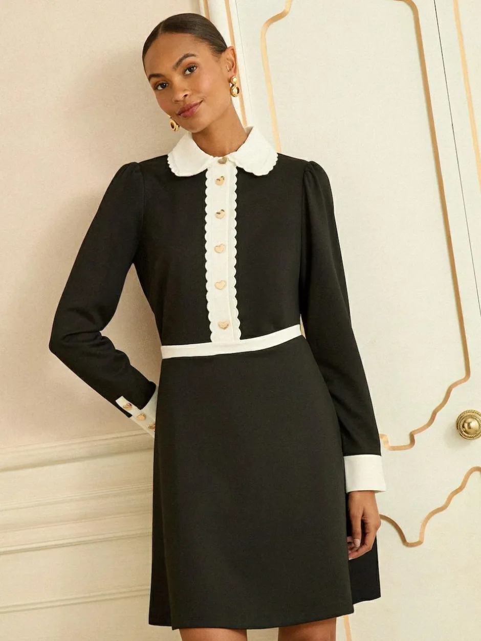 Love & Roses Long Sleeve Contrast Collar Mini Dress Black/White Outlet