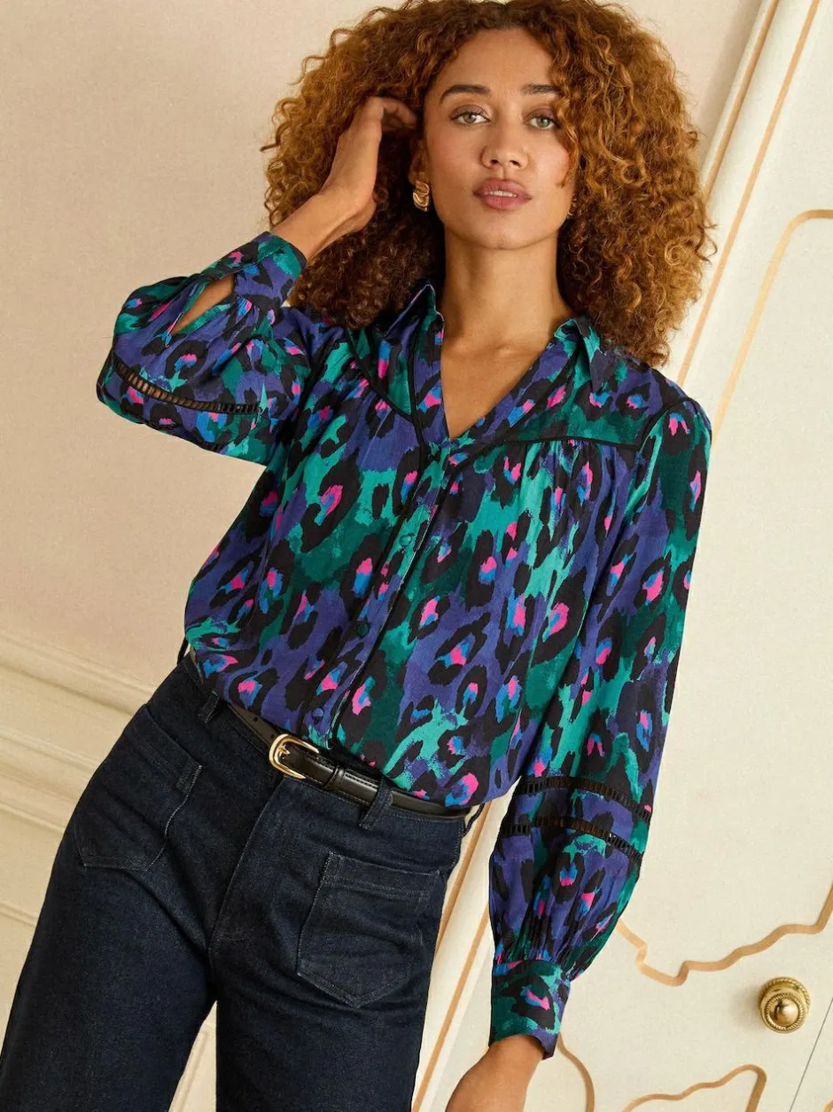 Love & Roses Button Through Long Sleeve Shirt Blue Animal Outlet