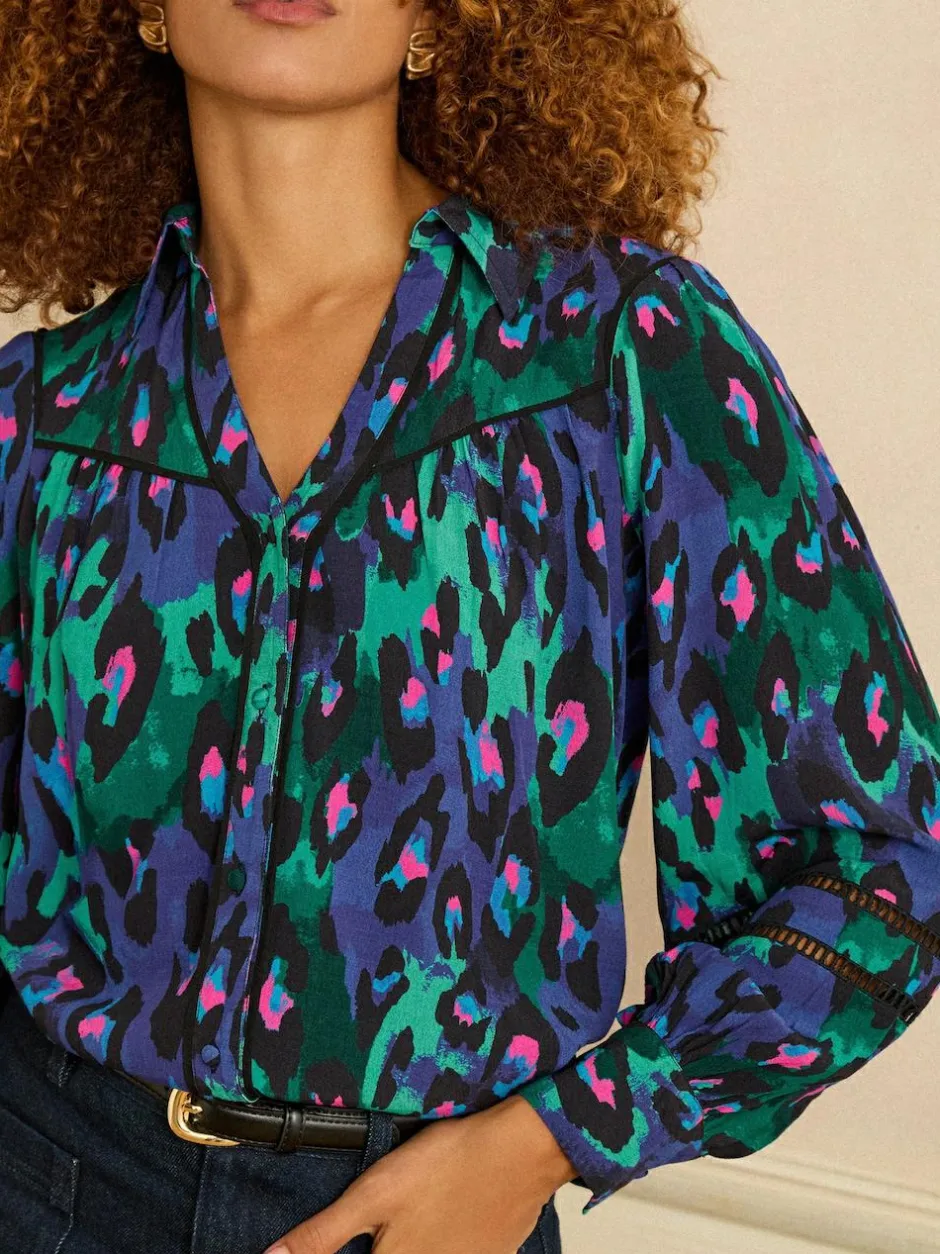Love & Roses Button Through Long Sleeve Shirt Blue Animal Outlet