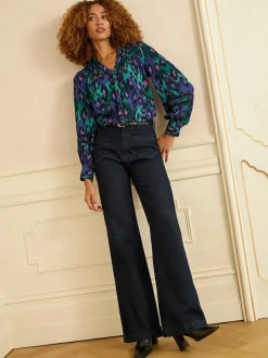 Love & Roses Button Through Long Sleeve Shirt Blue Animal Outlet