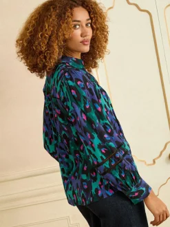 Love & Roses Button Through Long Sleeve Shirt Blue Animal Outlet