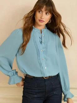 Love & Roses Long Sleeve Frill Detail Blouse Blue Discount