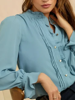 Love & Roses Long Sleeve Frill Detail Blouse Blue Discount