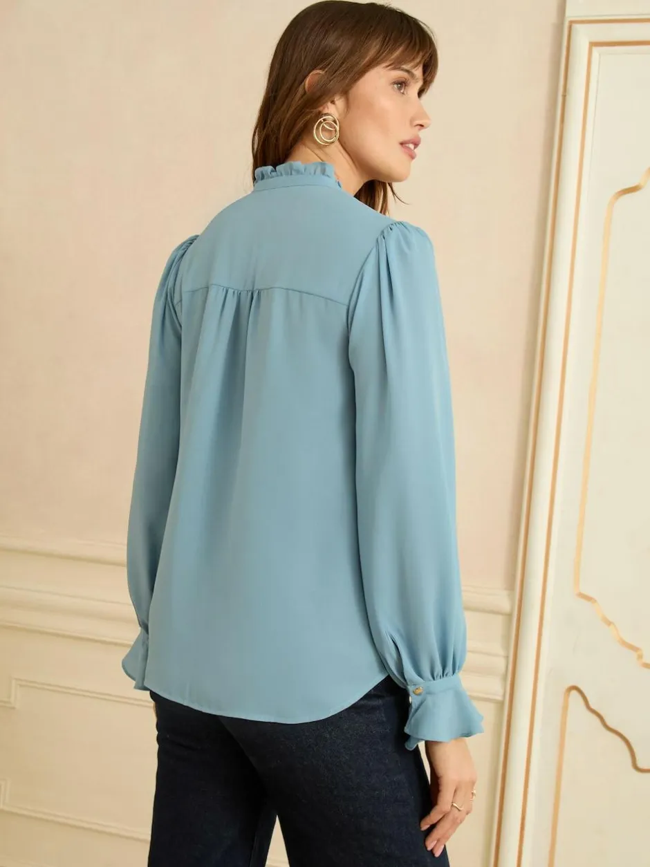 Love & Roses Long Sleeve Frill Detail Blouse Blue Discount