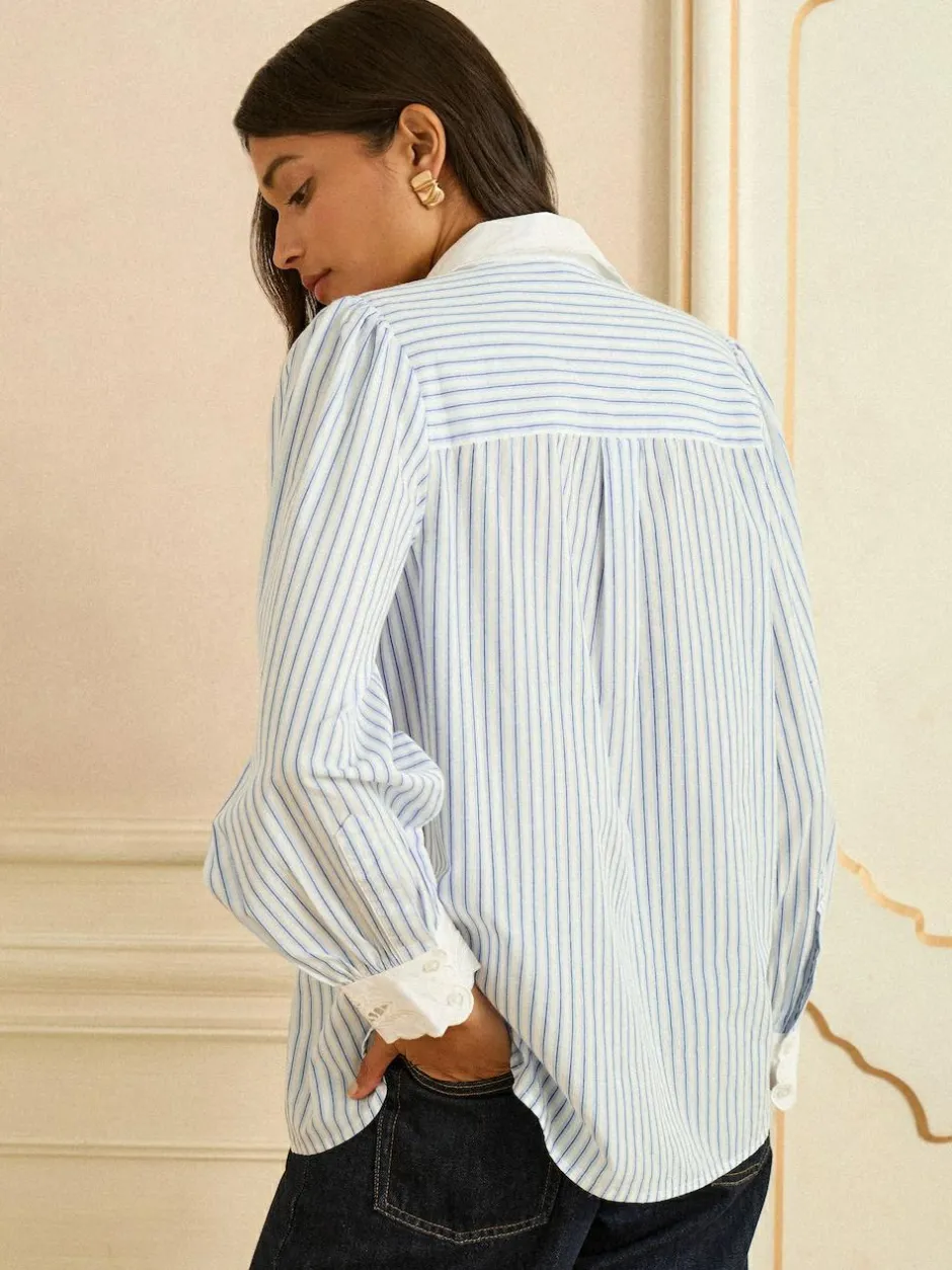 Love & Roses Blue White Stripe Lace Collar Button Through Long Sleeve Shirt Online