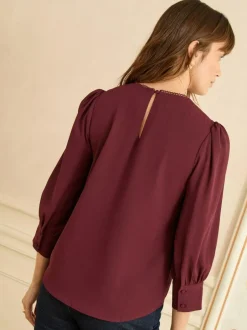 Love & Roses 3/4 Sleeve Scallop Detail Blouse Burgundy Red New