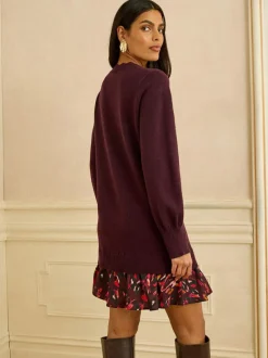 Love & Roses Woven Skirt Knit Mini Dress Burgundy Red Sale