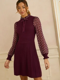 Love & Roses Frill Neck Chiffon Sleeve Knitted Mini Dress Burgundy Red
