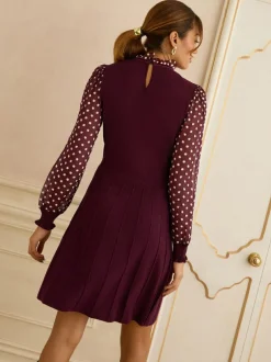 Love & Roses Frill Neck Chiffon Sleeve Knitted Mini Dress Burgundy Red
