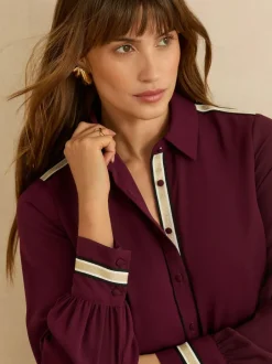 Love & Roses Button Through Long Sleeve Shirt Burgundy Red Metallic Best