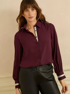 Love & Roses Button Through Long Sleeve Shirt Burgundy Red Metallic Best