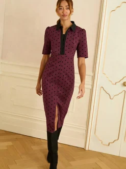 Love & Roses Burgundy Red Flocked Spot Short Sleeve Midi Dress Hot