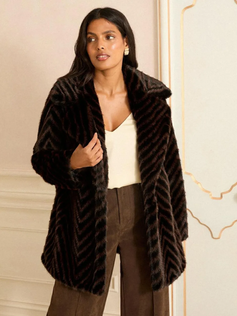 Love & Roses Chocolate Brown Chevron Faux Fur Coat Best