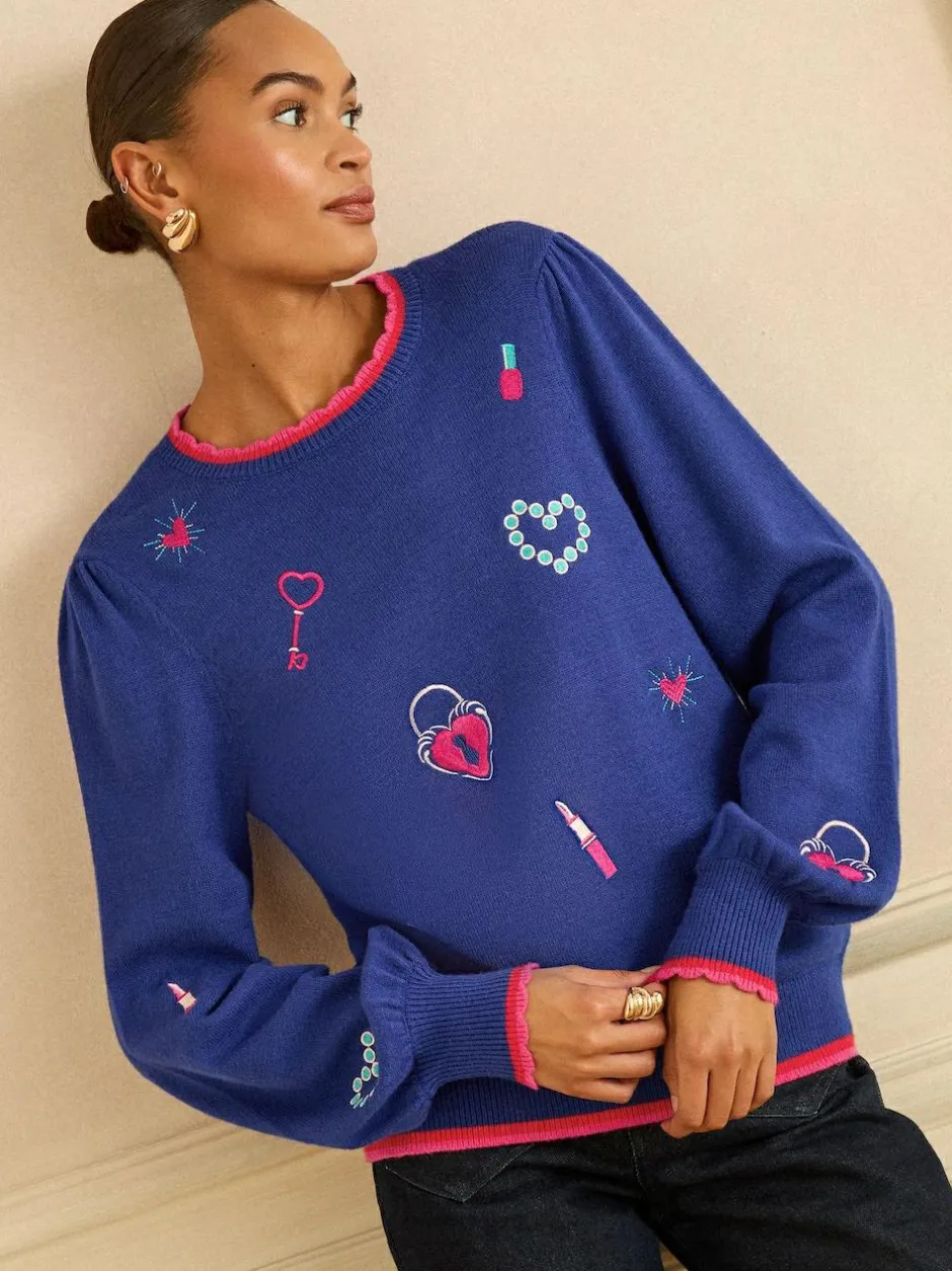 Love & Roses Embroidered Detail Knitted Jumper Cobalt Blue