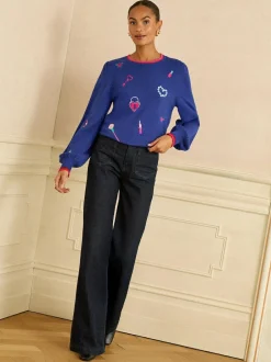 Love & Roses Embroidered Detail Knitted Jumper Cobalt Blue