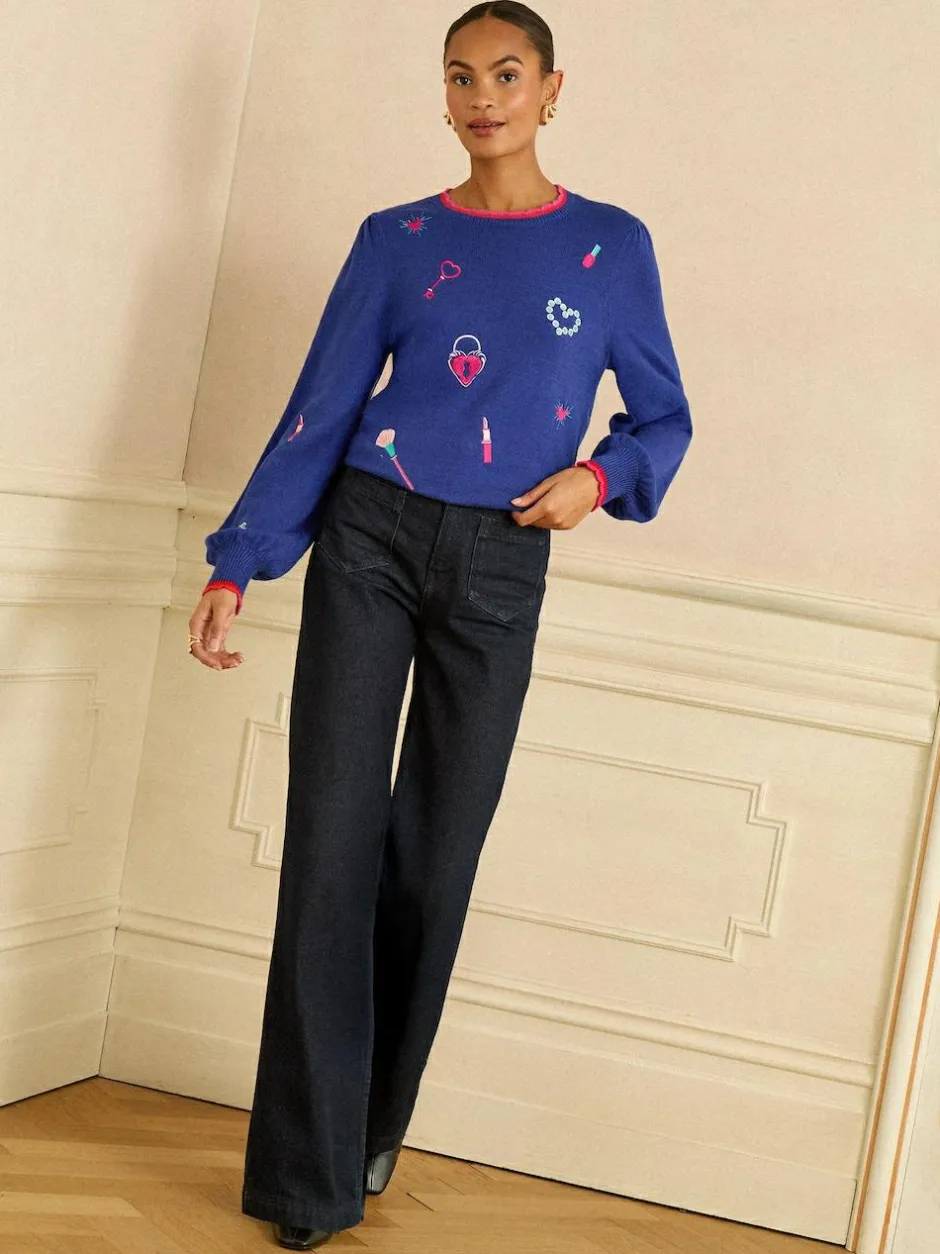 Love & Roses Embroidered Detail Knitted Jumper Cobalt Blue