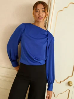 Love & Roses Long Sleeve Satin Cowl Neck Blouse Cobalt Blue