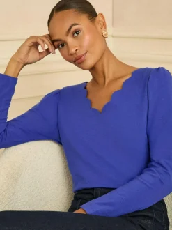Love & Roses Cobalt Blue Scallop V-Neck Long Sleeve Jersey Top Best