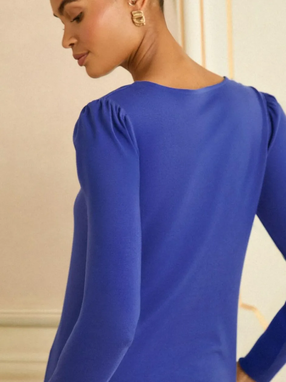 Love & Roses Cobalt Blue Scallop V-Neck Long Sleeve Jersey Top Best