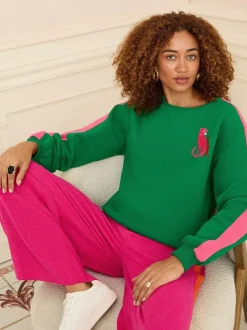 Love & Roses Green Leopard with Pink Stripe Crew Neck Jersey Sweatshirt Best