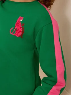 Love & Roses Green Leopard with Pink Stripe Crew Neck Jersey Sweatshirt Best