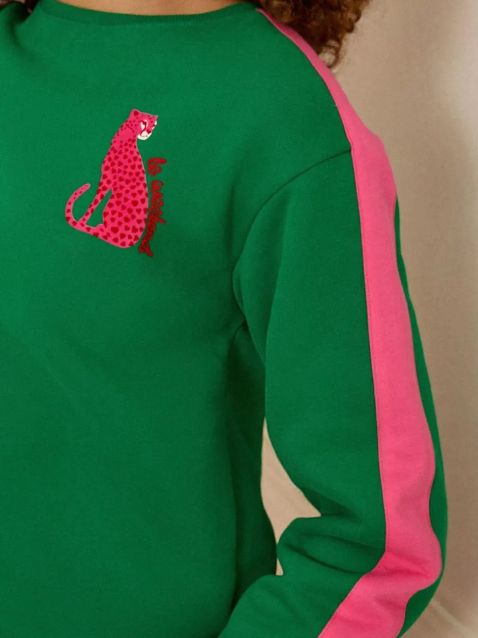 Love & Roses Green Leopard with Pink Stripe Crew Neck Jersey Sweatshirt Best