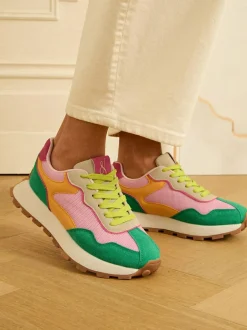 Love & Roses Mix Material Retro Comfort Jogger Trainers Green Pink Multi Clearance