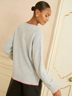 Love & Roses Cosy Knitted Jumper Grey Sequin Red Love Heart New