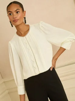 Love & Roses 3/4 Sleeve Scallop Detail Blouse Ivory Outlet