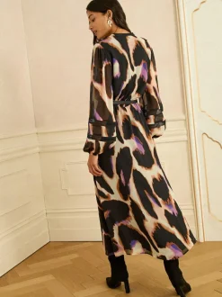 Love & Roses Ivory Animal PU Trim Midi Dress Sale
