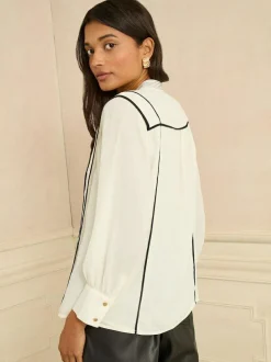 Love & Roses Ivory Contrast 3/4 Sleeve Notch Neck Blouse New