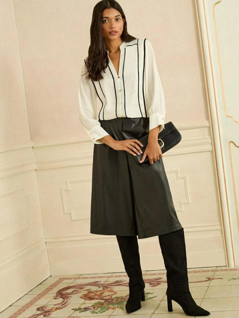 Love & Roses Ivory Contrast 3/4 Sleeve Notch Neck Blouse New