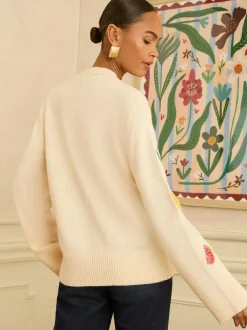 Love & Roses Ivory Embroidered Knitted Cardigan Clearance