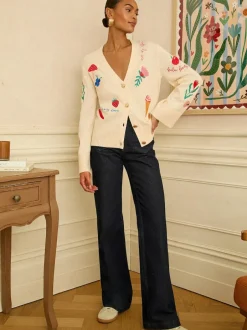 Love & Roses Ivory Embroidered Knitted Cardigan Clearance