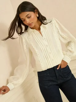 Love & Roses Petite Long Sleeve Button Through Lace Trim Shirt Ivory Best